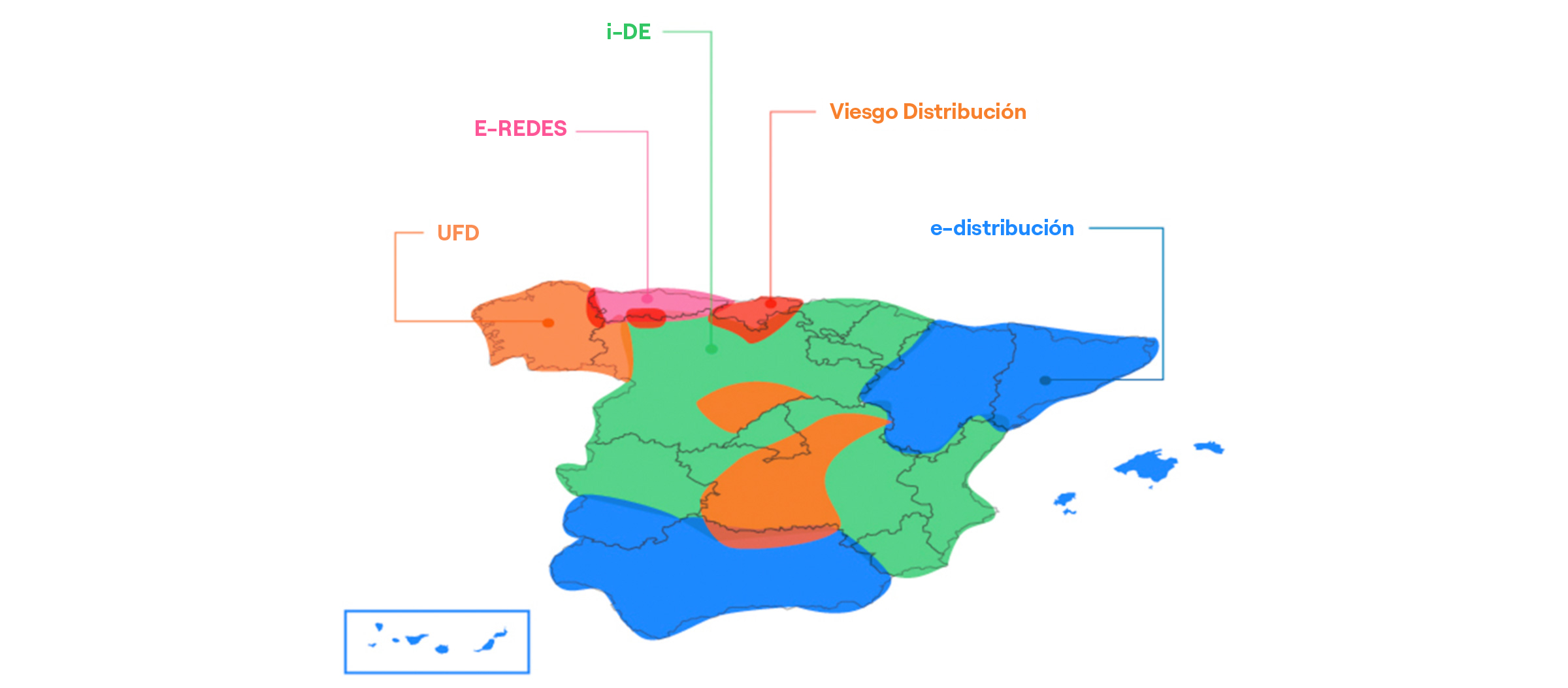 Mapa de España con las zonas correspondientes a cada distribuidora eléctrica. La información se explica a continuación en texto.