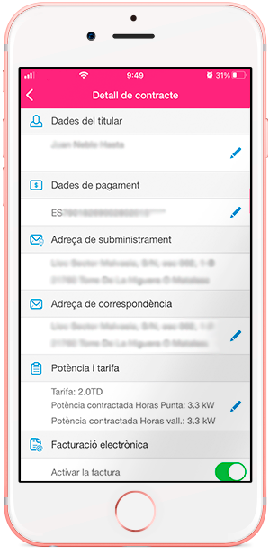 Apartat Dades del Contracte en l'app Mercat Regulat